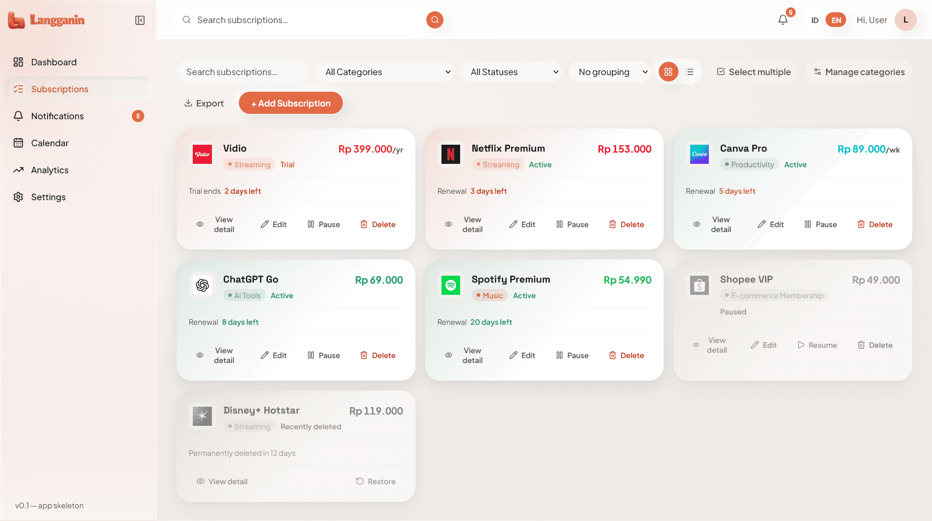 Langganin subscriptions list with renewals and status